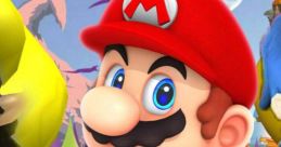 SMG4 character Mario in vibrant red hat and blue overalls, set against a colorful fantasy background.