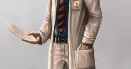 Concept art of a scientist from Half-Life wearing a lab coat, holding a paper with a badge on display.