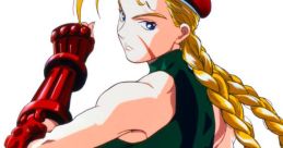 Cammy White showcases her iconic military look with a braided hairstyle and striking red accessories in this vibrant artwork.