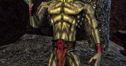 Dagoth Ur from Elder Scrolls III: Morrowind, featuring a distinct golden mask and unique green skin, stands in a rocky landscape.