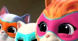 Ginny and her SuperKitties team in vibrant superhero costumes, ready for action with playful expressions and colorful masks.