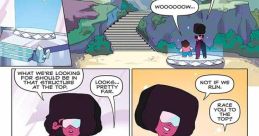 Garnet and Steven marvel at a distant structure, setting the stage for a playful race in "Steven Universe: 15 Years.