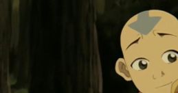 Aang, the last Airbender, relaxes in a forest, showcasing his playful personality and iconic arrow tattoo on his head.