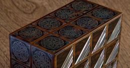 Intricately designed hiraimocchi box showcasing detailed patterns and rich materials on a wooden surface.