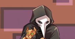 SCP 049 in a cloak cradling an orange cat, blending dark fantasy with a whimsical pet theme.