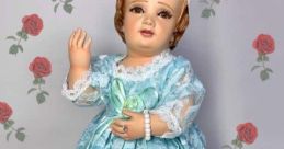 Vintage doll dressed in blue lace, adorned with flowers, perfect for collectors and enthusiasts of Jaqui Gonzalez designs.