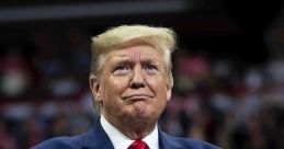 Donald Trump claps at a rally, showcasing his signature style with a blue suit and red tie, engaging the enthusiastic crowd.