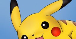 Cute Pikachu character with bright yellow fur and joyful expression, set against a soft blue background.