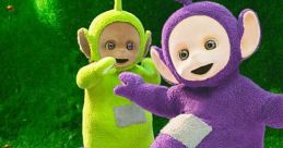 Tinky Winky and Dipsy from Teletubbies joyfully bounce on a trampoline in a vibrant, green landscape.