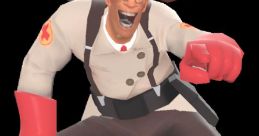 Excited Team Fortress 2 character poses with red gloves, ready to perform a comedic taunt in the game.