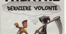 Theatre poster for "Dernière Volonté" by Les Preglissants, featuring a comedic duel with a grim reaper character.