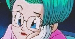 Bulma from DB, DBZ, and DBGT, featured with green hair and stylish glasses, showcasing her thoughtful expression.