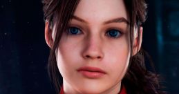 Claire Redfield from Resident Evil 2, showcasing her distinctive red jacket and iconic pendant, with blue eyes and a determined look.