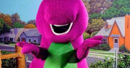 Barney the dinosaur smiles while posing on a wooden structure, surrounded by a colorful, friendly neighborhood setting.