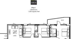 Three-bedroom floor plan for Aria Cerro Basago, featuring 1,206 square feet, dining area, and two decks.