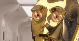 C3PO in shiny gold plating, set against a sleek, futuristic background, showcasing its iconic design and detailing.