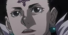 Chrollo Lucilfer from Hunter X Hunter with distinctive earrings and a cross symbol on his forehead, showcasing his character design.