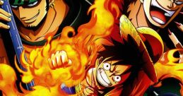 Luffy and crew unleash their powers in a dynamic One Piece anime scene, surrounded by flames and vibrant energy.