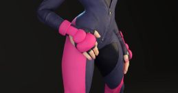 Juri Han in vibrant pink and navy blue outfit, showcasing her signature fighting style and dynamic character design.