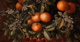 Bowl filled with oranges and leafy branches, showcasing the intricate floral patterns typical of Tomas Yepes' still-life art.