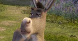 Donkey from Shrek, a humorous and charming character voiced by Eddie Murphy, stands in a lush outdoor setting.