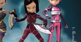 Characters from Code Lyoko stand confidently, showcasing their unique outfits and weapons against a digital backdrop.