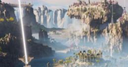 Stunning landscape featuring waterfalls, ruins, and a vibrant sky, showcasing the beauty of ALFRéD's world.