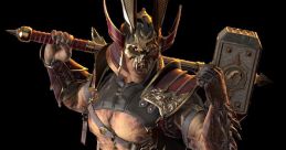 Shao Kahn from Mortal Kombat 3, showcasing his iconic armor and weaponry in a powerful battle stance.