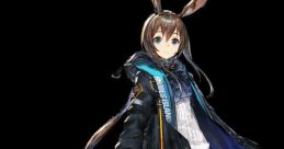 Amiya from Arknights in a stylish black coat, blue accents, and rabbit ears, showcasing her distinctive character design.