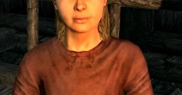 Female child character from Skyrim, wearing a brown dress, holding a metal mug, set in a rustic interior environment.