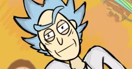 Rick Sanchez in lab coat, showcasing wild blue hair, with Morty in the background, cosmic elements add a sci-fi vibe.