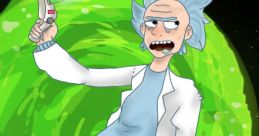 Rick Sanchez (Version 2.0) wielding a futuristic blaster against a vibrant green portal backdrop.