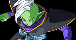 Zamasu, the powerful villain from Dragon Ball, striking a dynamic pose with green skin and white hair.