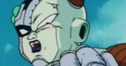 Frieza (Abridged) showing determination with a fierce expression and clenched fist against a vibrant blue background.