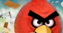 Red Angry Bird ready to launch, causing destruction amidst flying debris in this mobile game. Fun, engaging effects await!