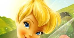 Tinkerbell smiles amid colorful flowers and green hills, showcasing her iconic fairy charm and sparkling personality.