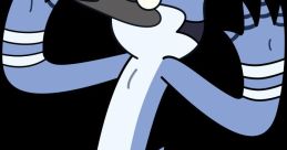 Mordecai, the blue jay from the animated series, striking a playful pose with a surprised expression.