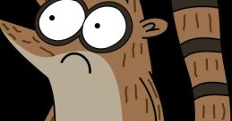 Rigby, a cartoon raccoon character, displays a humorous expression with large eyes and a striped tail, showcasing his quirky personality.