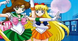 Sailor Jupiter and Sailor Venus pose together, showcasing their iconic outfits against a vibrant city backdrop.