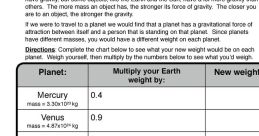 Gravity lesson with a weight calculation chart for different planets, illustrating the impact of mass on weight.