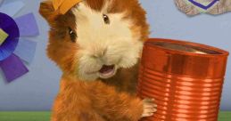 Guinea pig in a cap holds a can while sitting on colorful storybooks, reflecting the whimsical world of The Wonder Pets.