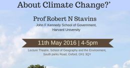 Event flyer for a lecture by Prof. Robert Stavins, honoring Adrian Fernando and discussing climate change economics.