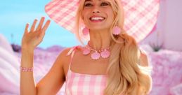 Margot Robbie as Barbie in a stylish pink gingham outfit and oversized sun hat, showcasing a vibrant summer vibe.