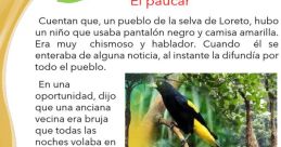 Text discussing the tale of a chismoso boy turned into a páucar bird in the jungle of Loreto, enhancing literacy engagement.