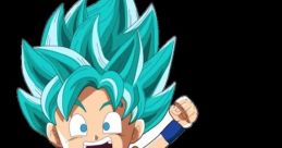 Chibi Son Goku (Abridged) with spiky turquoise hair in an orange gi, joyfully jumping with an excited expression.