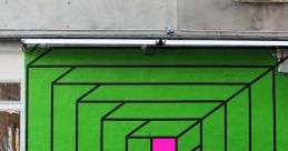 Vibrant green wall mural with geometric patterns and a pink square, capturing urban art's bold expression and creativity.