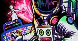 Astronaut DJ mixes beats in vibrant colors, showcasing a cosmic space theme and musical elements. Perfect for music enthusiasts.