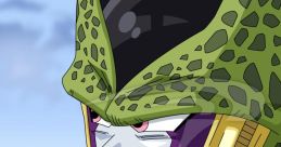 Close-up of Perfect Cell with a confident expression, showcasing his iconic green head and purple accents against a blue sky.