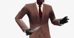 Spy from Team Fortress 2 in a brown suit, wielding a knife, showcasing stealth and cunning in a dynamic pose.