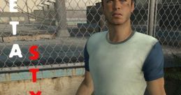 Ellis in beta style from Left 4 Dead 2, holding weapons with a casual outfit and a background of urban decay.